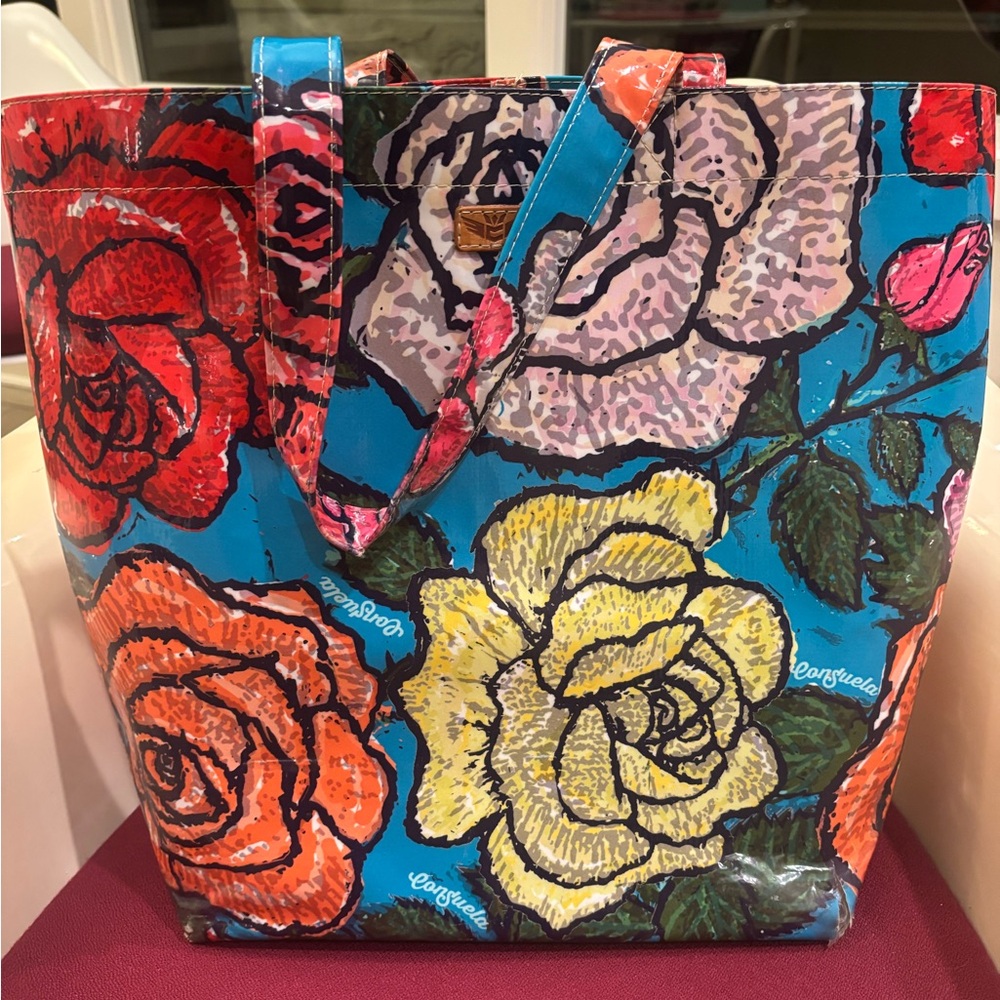 Consuela Turquoise Floral Tote with Red, Orange, Yellow & Pink Roses